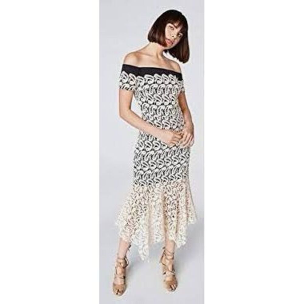 Nicole Miller Collection Lace Crochet Overlay Midi Dress Black Cream Euro Summer